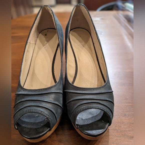 Aldo Leather & Wooden Wedge Peep Toe Heels - Picture 3 of 9